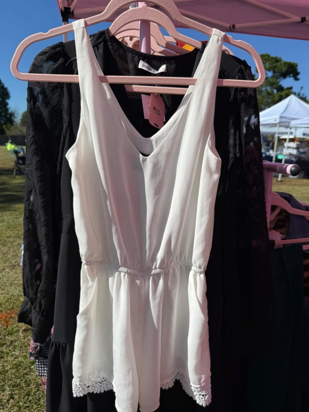 Aqua White Sleeveless Lace-Hem Romper